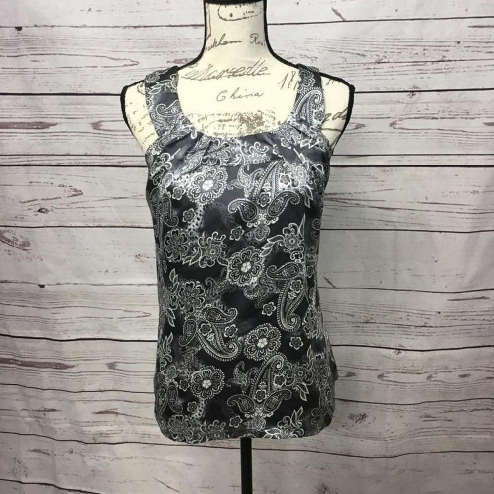 Mercer & Madison Womens Gray Paisley Floral Mixed Media Sleeveless Top Small